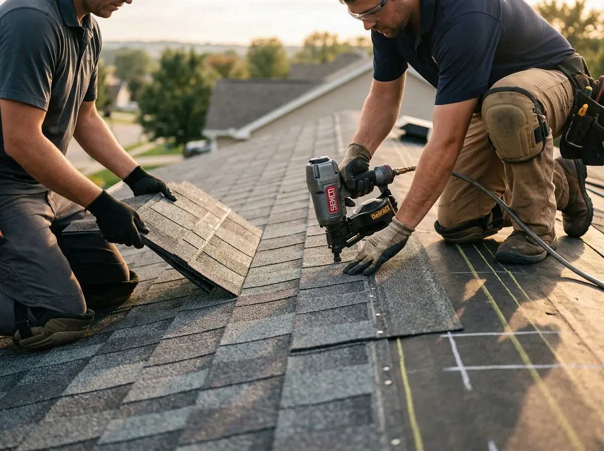 Professional roofer working on a residential roof in Merced
